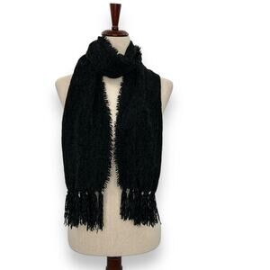 Macys Black Chenille Scarf Tassel Fringe Trim Oblong Soft & Cozy Winter Warm